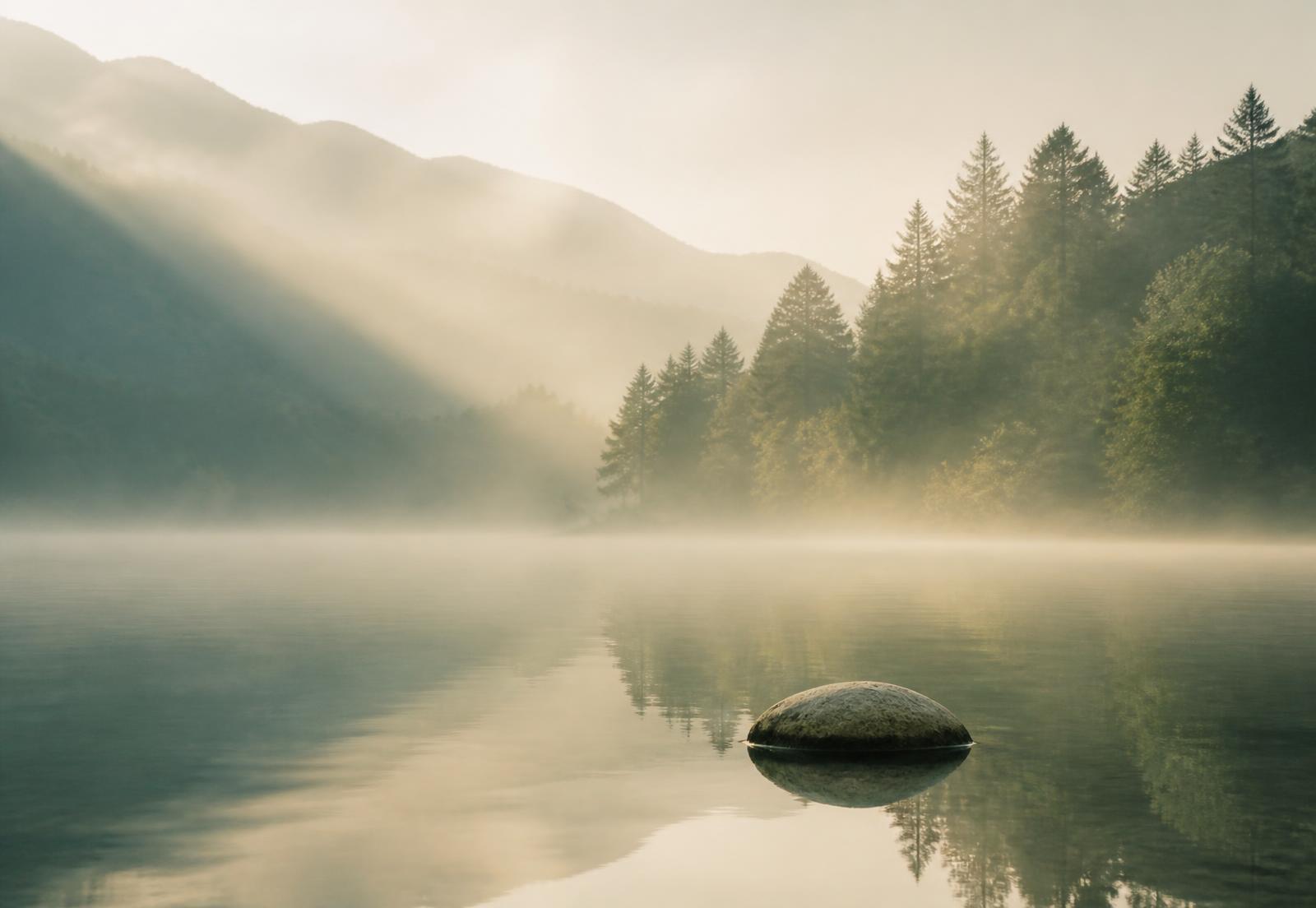 Lago sereno coberto por névoa ao amanhecer